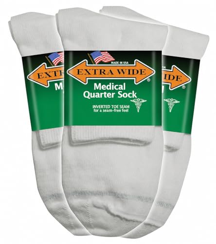 Extra Wide Medical Quarter Socks - Superior Stretch, Wide Foot & Ankle, Inverted Toe Seam - 3 Pack, Up to 6E Width - USA, Microban Odor Control - White, Large