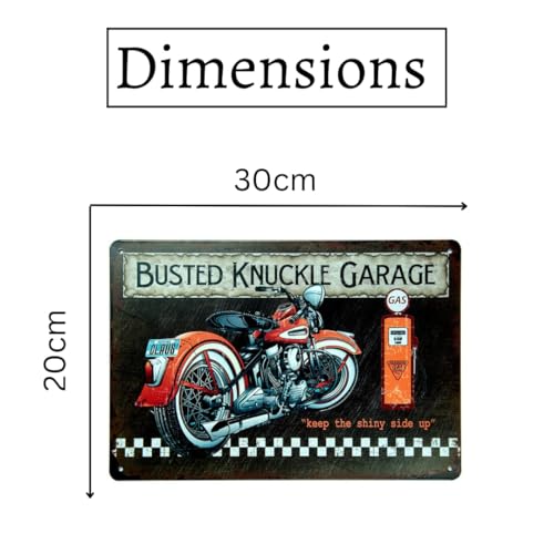 Image of Decorative Retro Metal Signs Wall Plate - 12x8 Inch (Bust Knuckle Garage) | Weatherproof Vintage Metal Sign Plate for Cafe, Home, Bar, Garage | Decorative Wall Hanging Sign Board