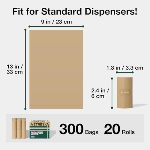 Image of VETRESKA Dog Poop Bags, Leak Proof, Extra Thick and Large Pet Waste Bags for Dog Walking and Cat Litter, Sandalwood & Almond Scented, 300 Bags