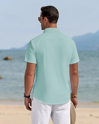 Image of J.VER Mens Linen Shirt Short Sleeve Button Down Casual Summer Shirts | Cotton Linen, Untucked, Big Tall, from Beach Camp Vacation, Cruise Fishing, Work Office, to Wedding Party Family, with Pocket