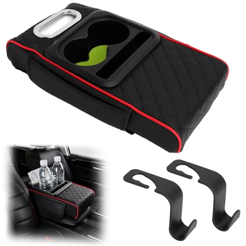 Mittelarmlehne Universal Auto mit 2 Stück Kopfstützen Haken Armlehnen Polster fürs Auto Organizer Mittelkonsole mit Becherhalter Auto Armlehnenkastenschutz mit Organizer Taschen Autoarmlehnenkissen