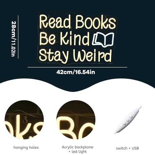 Image of WLHOPE Read Books Be Kind Stay Weird Neon Sign Neon Signs for Wall Decor Lovers Gifts Bedroom Bookstore Reading Room Library Study Room Decoration Read Books Neon Lights LED Sign