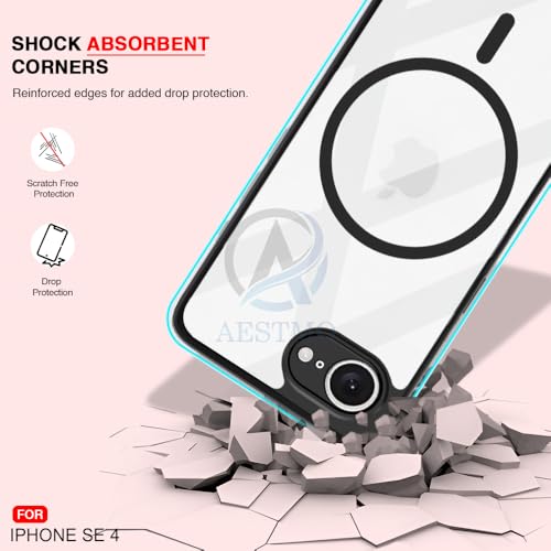 Image of AESTMO iPhone 16E / SE 4 Back Cover | 360 Protection | Crystal Clear Hard Back Transparent | Compatible with MagSafe Accessories for iPhone 16E / SE 4 (PC+TPU, Black Bumper)