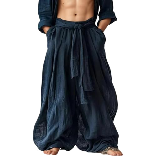 Nupucy Men’s Casual Linen Elastic Tieknot Waist Wide Leg Pants Summer Lightweight Baggy Beach Yoga Palazzo Trousers for Men Navy