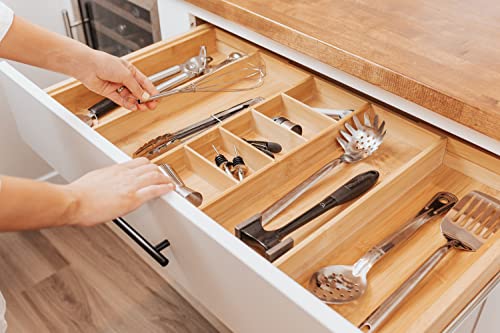 Kitchenedge Adjustable Kitchen Drawer Organizer For Utensils And Junk, Expandable To 33 Inches Wide, 9 Compartments, 100% Bamboo #TOP3