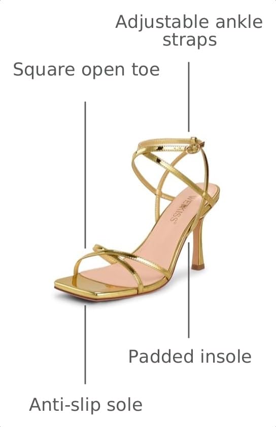 Image of wetkiss Strappy Heels for Women Stiletto High Heeled Sandals Adjustable Ankle Strap, Square Open Toe for Homecoming Party Dress Wedding Daily