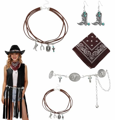 BrKern 5 Stück Western Outfit Damen Zubehör, Cowgirl Kostüm Damen, Halskette Ohrringen Ringen Armbändern, Kleidung Zubehör, Cowgirl Accessoires...