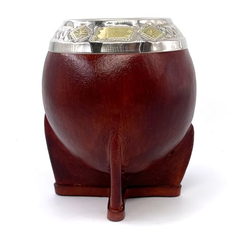 YVY Mate Calebasse Mate Torpedo Alpaca y Bronce | Calabaza artesanal aprox. 200 ml | Fleje de Alpaca y Bronce | Hecho a mano en Uruguay | Piel lisa en color ocre