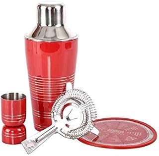 DONREGALOWEB Set de Coctel de Acero Inoxidable en Color Metal y Rojo Compuesto de coctelera, recetario, colador y Vaso medidor