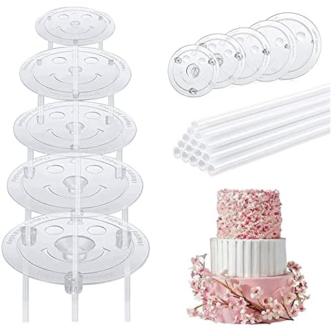 5 Tier Cake Separator Plates Supports, Acrylic Clear Cake Boards, 4/6/8/10/12inch, Reusable Cake Base Stand Holder with 15 PCS Cake Dowel Rods for Tiered Cake Construction and Stacking Supporting Cover