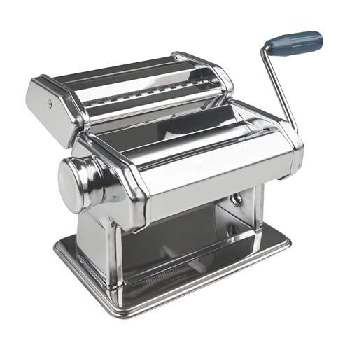 Fackelmann,Macchina per tirare la pasta a mano regolabile, 19,5x16x17 cm,Linea Easy prepare, supporto di fissaggio al piano di lavoro, 3 varietà di pasta,(colore:argento,blu), quantità: 1 pezzo, 27916