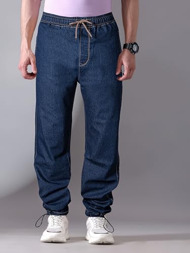 Image of Men's Comfort Fit Denim Lycra Joggers Jeans Stretchable High Rise Relaxed Fit Available in Dark Blue Navy Blue Light Blue Full Length Soft Fabric Machine Wash