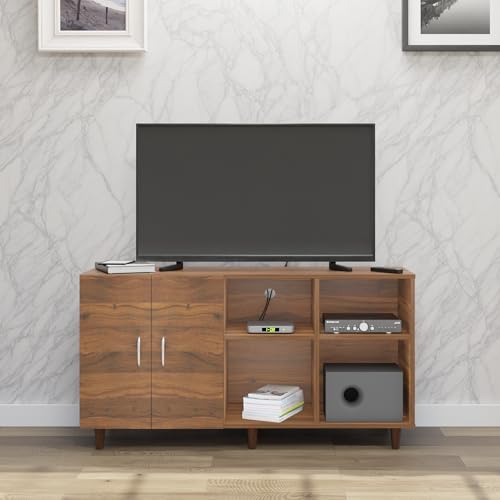 Image of VIKI Modern TV Unit for Living Room | Engineered Wood TV Cabinet with 2 Door Storage & 2 Open Shelves, Set Top Box Stand, Entertainment Unit, 140W x 74H x 40D cm | DIY | 1 Year Warranty (Walnut)