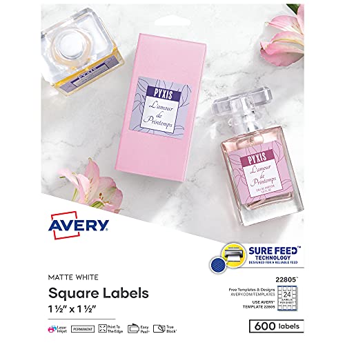 Image of Avery Printable Blank Square Labels, 1.5 inch x 1.5 inch, Matte White, 600 Customizable Labels (22805)