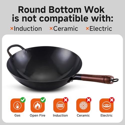 13.5 Inch Carbon Steel Wok Round Bottom, Non Stick Woks, Pre-Seasoned Chinese Wok Hand Hammered for Stir Fry, BBQ, Grill & Camping, Compatible with Gas Stoves & Open Fire Only - Thumbnail 3