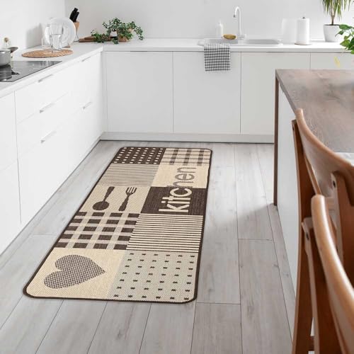 Knutzen Wohnen Küchenläufer 60x180 cm Kitchen Braun - Küchenteppich - rutschfest und waschbar - Fußwärmende Designmatte - Sisaloptik - Stilvoller Läufer für Küche, Flur und Wohnraum