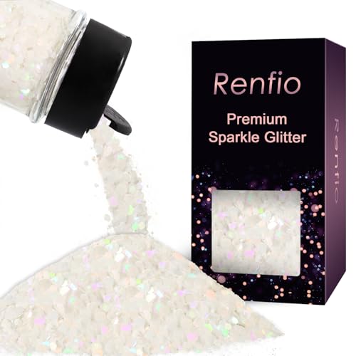 Image of Renfio Holographic White Glitter,1.76oz/50g Iridescent Mermaid White Chunky Glitter, Laser Macaron Hexagon Sequin Flake for Snowglobe Tumbler,Fake Snow,Craft,Resin,Festival Decorations,Rose,Nail,Slime