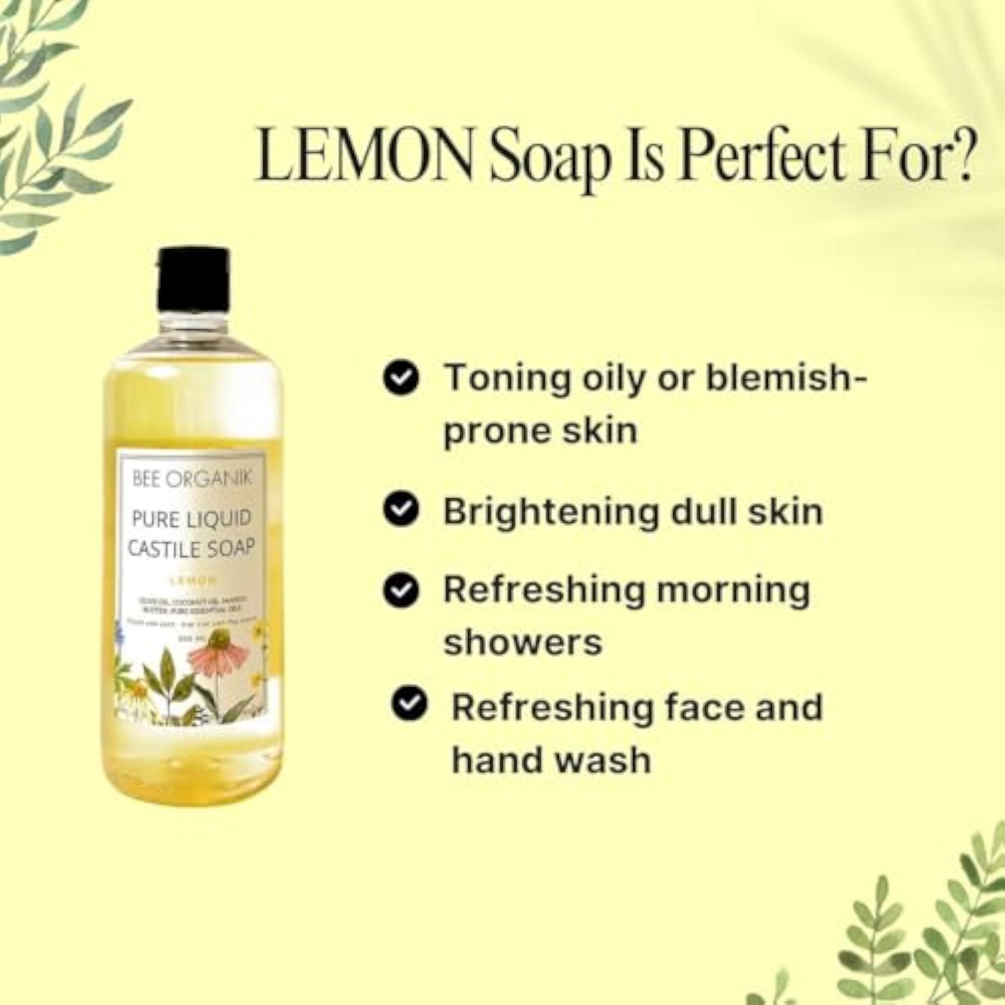 Lemon Pure Liquid Castile Soap, All Natural & Organic