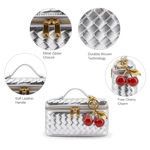 Image of Small Woven Box Crossbody Bags for Women Designer Leather Mini Top Handle Clutch Purse Square Vanity Bag with Cherry Charm