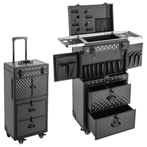 KeruRome Cosmetology Case on Wheels, Rolling Makeup Train Case Nail Travel Case for Nail Tech, Professional Rolling Makeup Case with Drawers & 2 Mobile Password Lock, Black Cover