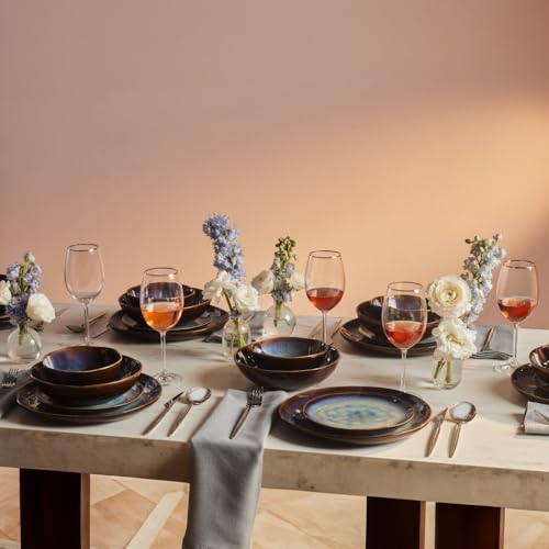 Karaca Leia - Geschirrset 6 Personen Steingut, Teller Set 24 Teilig mit Servierplatte, Müslischalen, Frühstücksteller, Pasta Teller Tief, Essteller, Mikrowellen Steingut Geschirr Set - Blau & Braun