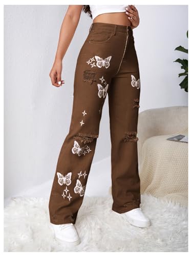 Floerns Women's Ripped High Waisted Butterfly Print Jeans Wide Leg Long Denim Pants4