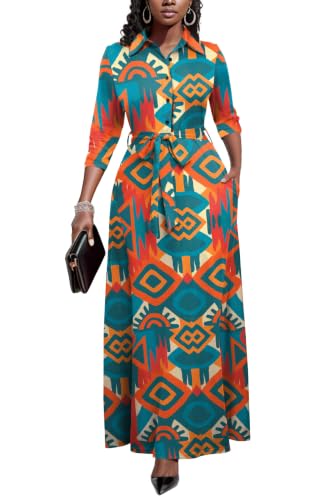 Image of Runwind Women Church Maxi Dresses 3 /4 Sleeve Button Down Print Casual Office Dress African
