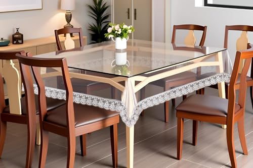 Image of The Furnishing Tree Square Shaped 4 Seater Transparent Table Cover WxL 60x60 inches 0.25 mm Thickness with White Lace