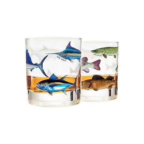 Greenline Goods – Fishing Glass Set for Fisherman and Outdoorsman – Fish Themed 10 oz Whiskey Glass Set of 2 - Freshwater and Saltwater Fish on the Glass Cover