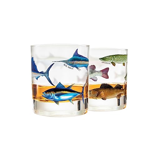 Greenline Goods – Fishing Glass Set for Fisherman and Outdoorsman – Fish Themed 10 oz Whiskey Glass Set of 2 - Freshwater and Saltwater Fish on the Glass