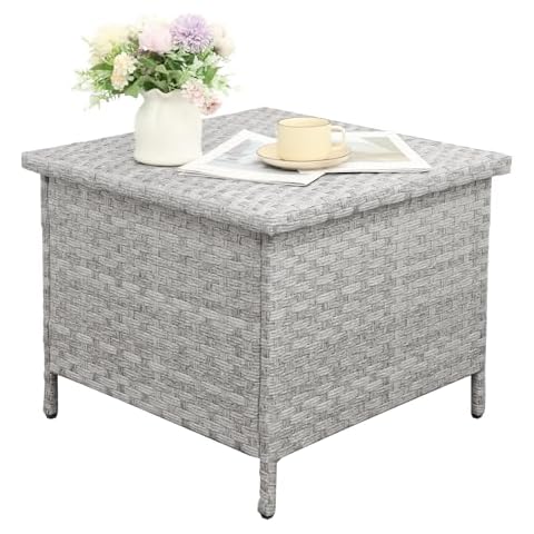WAROOM Outdoor PE Wicker Side Table with Storage Patio End Table Resin Rattan Storage Table for Garden Backyard Porch Poolside, Grey Cover