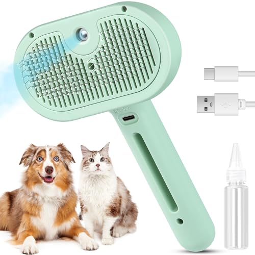 Image of 3 in 1 Cat Steam Brush, Pet Spray Hair Removal Comb for Shedding & Grooming, Water Brush for Cats Dogs Small Animals Long Short Haired with One-Click Release Button(Green)