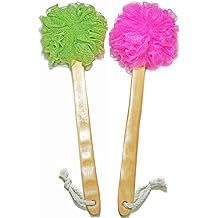 Shower Loofah Body & Back Scrubber - Exfoliating Loofah luffa loofa Bath Brush On a Stick - with Long Wooden Handle Back Brush for Men & Women - Easy Reach Body Wash & Lotion Applicator 2-Pack