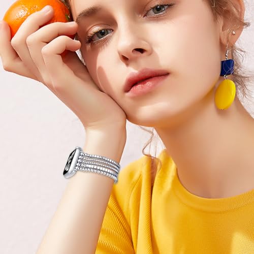 fastgo Silver Beaded Bracelet Band Compatible with Apple Watch Band 41mm/40mm/38mm/44mm/45mm/42mm/49mm Women, Dressy Elastic Stretchy Beaded Strap for Iwatch Series 9 Ultra 8 7 6 5 4 3 2 1 SE(Silver)