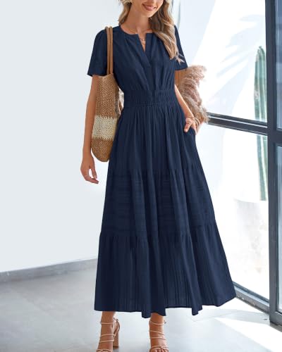 Image of BTFBM Womens Summer 2026 Casual Maxi Dresses | Lightweight Short Sleeve V Neck,Elastic Waist A Line Long Dress,Boho Beach Dress Pockets,Vacation Outfits,Fashion Clothing