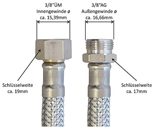 Panzerschlauch DN8 mit 3/8 Überwurfmutter x 3/8 Außengewinde, Flexschlauch zur Verlängerung oder Verbindung von Armaturenschlauch, Schlauch mit Trinkwasserzulassung, 15cm-5m (1,00m / 1000mm)