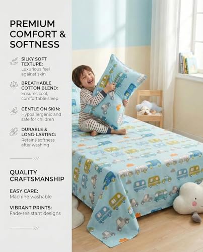 Image of RD FABS Glace Cotton Wrinkle Free Soft Hypoallergenic Single Bed Sheet with 1 Pillow Cover | Cartoon Printed Kids Bedsheet for Boys & Girls Room | 60x90 Inches | Sky Blue Car Bus Design | 144 TC