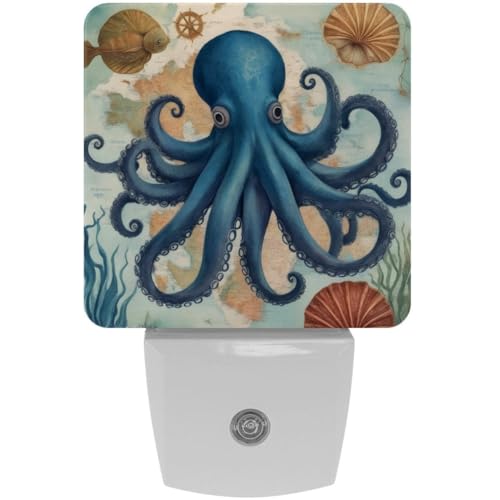 Image of NEWzone Octopus Night Light Set of 2, Auto Sensor LED Dusk-to-Dawn Nightlights, Plug-in Sensor Lamp for Bedroom Bathroom Kitchen Hallway Stairs Decorative