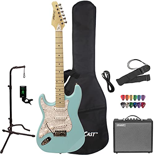 Left Handed Sawtooth ST-ES-LH-DBLP-KIT-3 Electric Guitar in Daphne Blue with White Pickguard