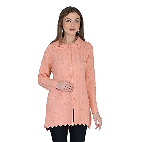 Image of LADY WILLINGTON Women Woolen Double Collar Daffodil Fabric Cardigan Winter Wear Pure Wool Cardigan for Women Free Size Long Cotty Warm Cardigans with Side Pockets