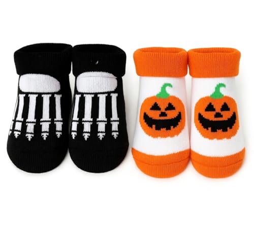 Halloween Baby Socks 2 Pack- Pumpkin& Skeleton Design, Infant Socks, Soft Cotton Blend
