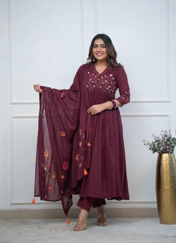 Image of Premium Cotton Embroidered Anarkali Suit Set for Women with Dupatta, Floral Embroidery, 3 Piece Set, Soft and Comfortable