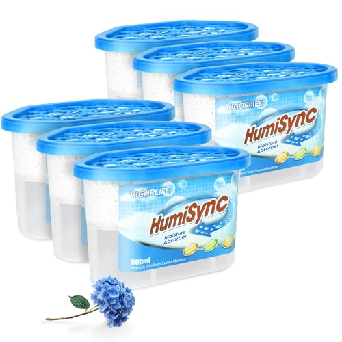Deshumidificador, Caja de Absorción de Humedad de 500ml, Paquete de 6, Atrae Humedad Extra del Baño, Gabinete, Cocina, Deshumidificador para Armario (Sin Fragancia), Azul