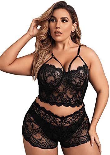 SOLY HUX Women's Plus Size Floral Lace Scalloped Trim Underwire Lingerie Bra and Panty Black 2XL