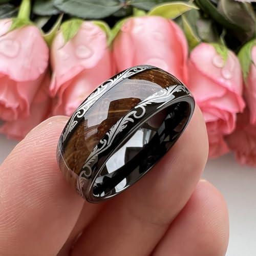 8mm Black Tungsten Rings for Men Women Whiskey Barrel Wood Inlay Vintage Baroque Frame Leaf Engagement Wedding Promise Band Domed Polished Shiny Comfort Fit3