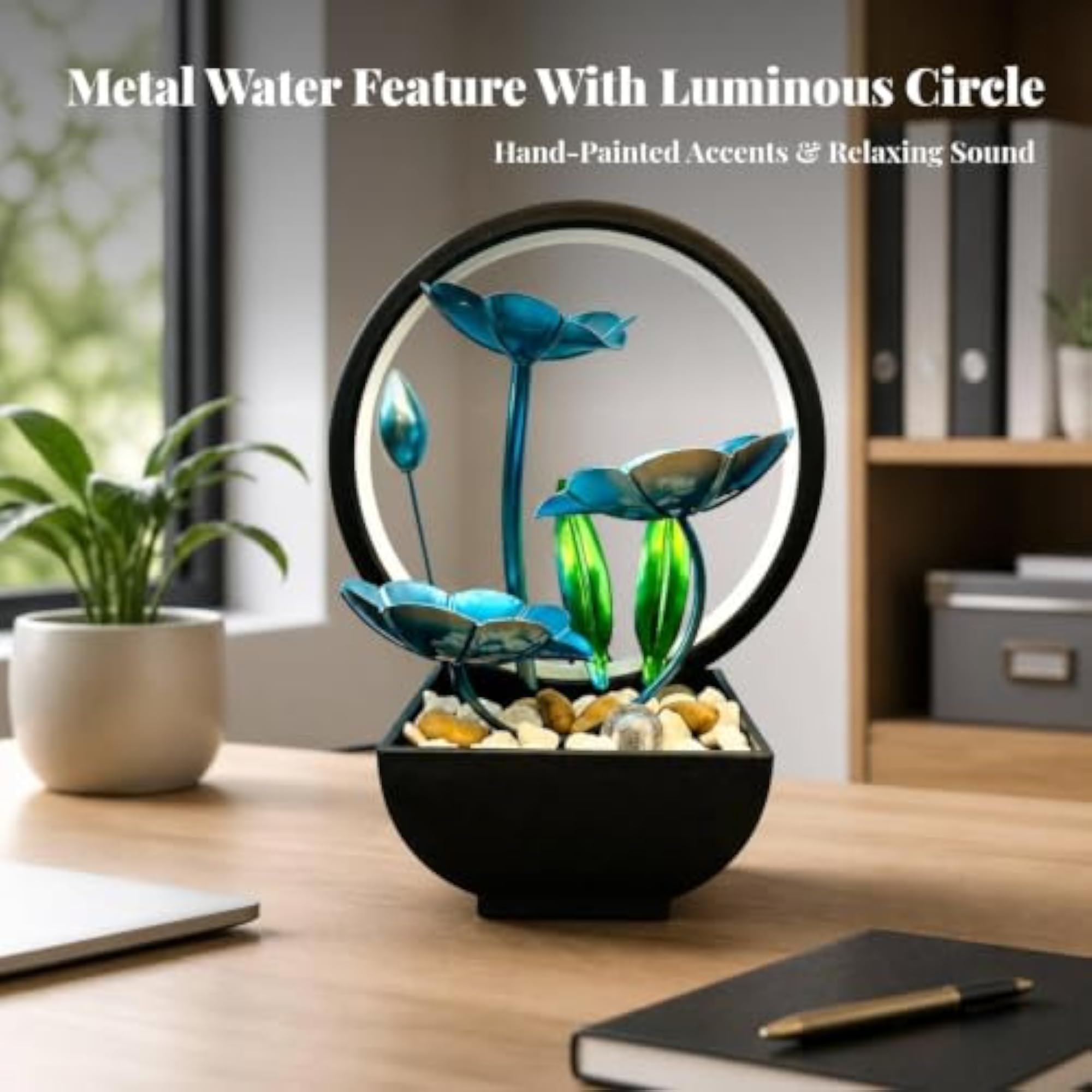 USB-Powered Tabletop Water Feature with LED Loop, Hand-Painted