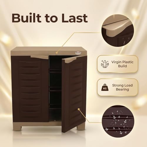 Image of Supreme Fusion SR 01 Plastic Shoe Rack Cabinet, Brown and Beige, 2 Door with 3 Adjustable Shelves, Water and Rust Proof
