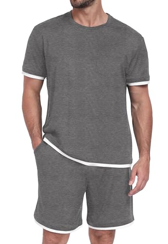 PrinStory Mens Pajamas Set 2 Piece Summer Pajama Sets Lightweight and Comfy Pjs Set Short Sleeve Loungewear with Pockets Dark Gray-S