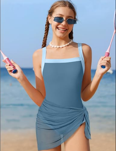 Image of Shallmu Girls Swimsuits Color Block Adjustable Thick Strap One Piece Bathing Suits with Cover Up Skirt Girl's Swimwear 9-16Y