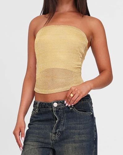 Women Sexy Sheer Mesh Strapless Metallic Crop Tube Tops Y2K Glitter Stretchy Going Out See Through Bandeau Tops3